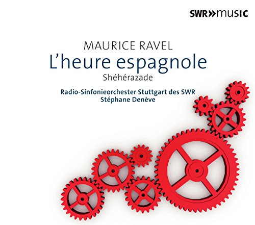 Album cover with red gears on white background, featuring "MAURICE RAVEL" and "L'heure espagnole".