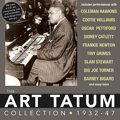 Art Tatum playing piano, album cover for a 4-CD collection 1932-1947.