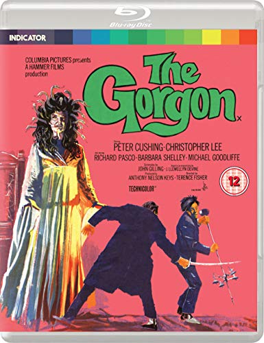 The Gorgon" Blu-ray cover: illustrated woman with snakes for hair, two men fleeing.