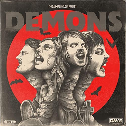 Demons" vinyl album cover with distorted faces and bats on red background.