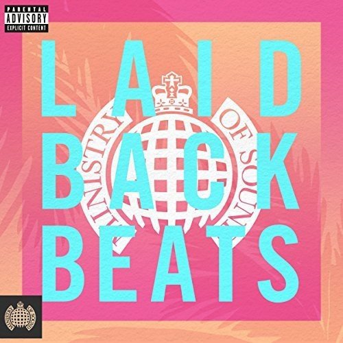 "Album cover with 'Laidback Beats' in blue text, pink and orange background, globe logo."