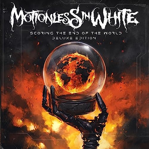 CD cover: Burning Earth in a glass sphere held by a robotic hand.