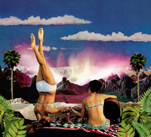 Collage album cover: women on a beach with tropical landscape and volcano.