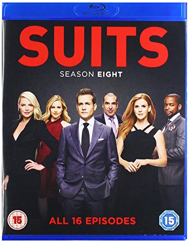 "Blue-ray case with 'Suits Season 8' cover featuring six characters in formal attire."