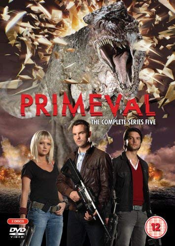 DVD cover for "Primeval Series 5" featuring three actors and a dinosaur.