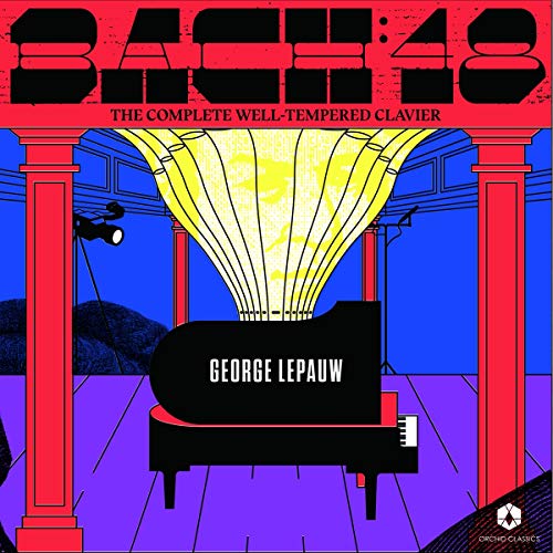 "Album cover featuring a grand piano with sheet music emerging, surrounded by red pillars."