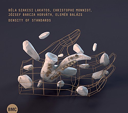CD cover: abstract sculpture with a saxophone, wireframe, and stone fragments.