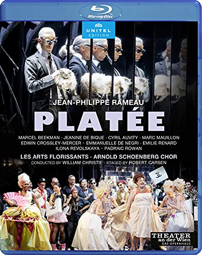 Blu-ray cover for Rameau’s *Platée* opera, featuring performers in costume.