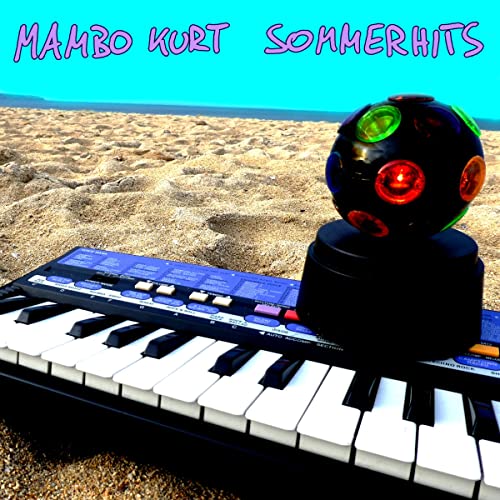 CD cover with disco ball, keyboard, and beach background.