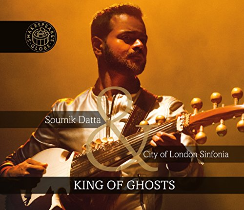 Man playing a stringed instrument, with text overlay on a dark orange background.