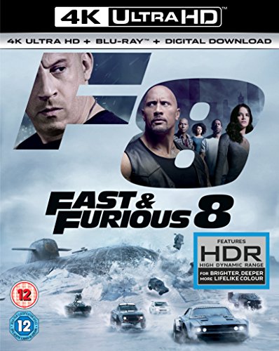 "Blu-ray case for 'Fast & Furious 8' with action scene and character images on cover."