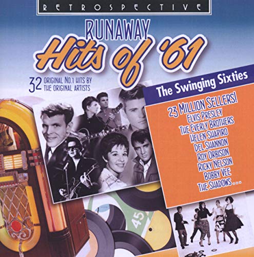 CD cover for "Runaway Hits of '61" featuring 1960s musicians and a jukebox.