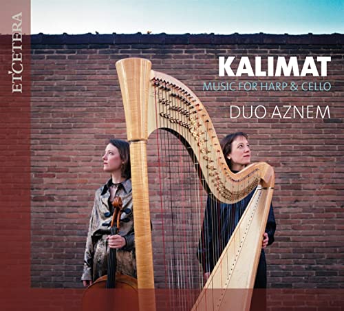 CD cover featuring two musicians with a harp and cello against a brick wall.