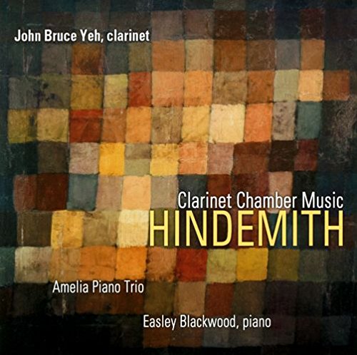 "Album cover with mosaic pattern and text 'Hindemith Clarinet Chamber Music' in yellow and white."