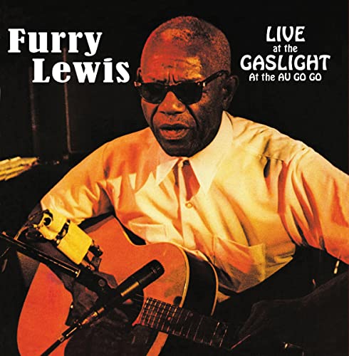 Furry Lewis portrait with guitar, album cover for live performance CD.