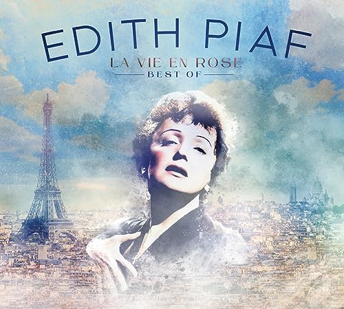 Edith Piaf portrait with the Eiffel Tower and Parisian cityscape background.