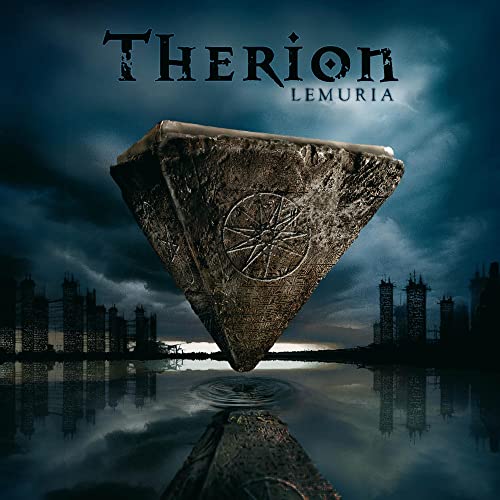 Therion’s “Lemuria” album cover: floating stone pyramid over a city.