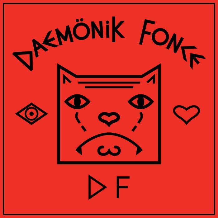 Red album cover with a black cat face illustration and white text.