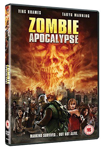 DVD cover for "Zombie Apocalypse" featuring a fiery skull and action scene.