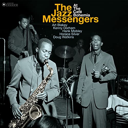 Jazz musicians performing onstage, album cover for Art Blakey & The Jazz Messengers.