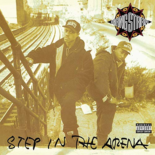 Guru and DJ Premier standing by train tracks on a sepia-toned album cover.