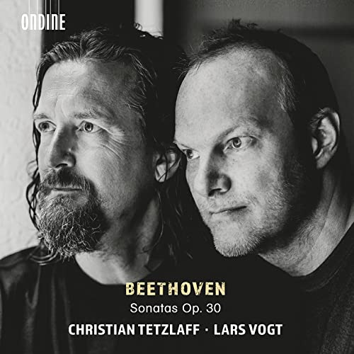 Black and white portrait of two men, Christian Tetzlaff and Lars Vogt.