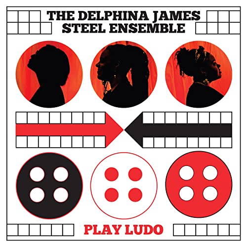 Vinyl record cover: silhouettes in red circles, Ludo board design.