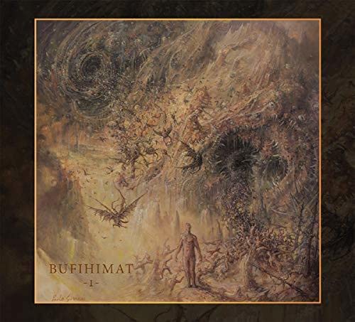 Vinyl album cover with swirling, textured artwork and a small human figure.