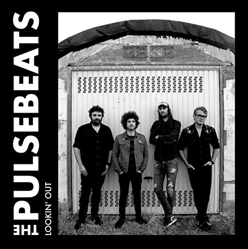 Black and white CD cover featuring four men standing in front of a building.