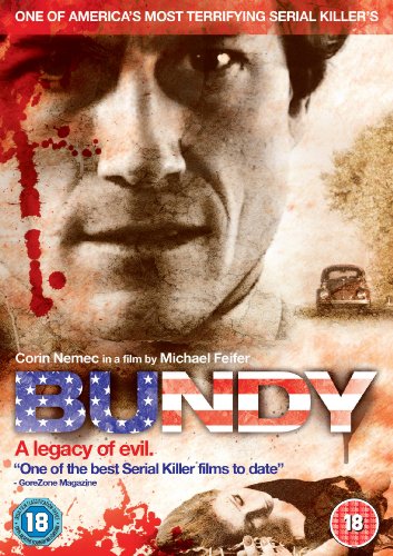 DVD cover for “Bundy,” featuring a close-up of a man’s face and red splatters.