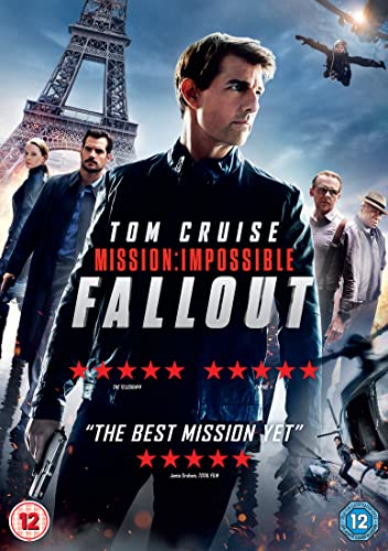 Mission: Impossible Fallout DVD cover with Tom Cruise and action scene.