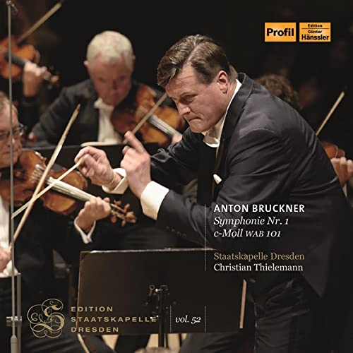 Orchestra conductor leading musicians, CD cover for Bruckner's Symphony No. 1.