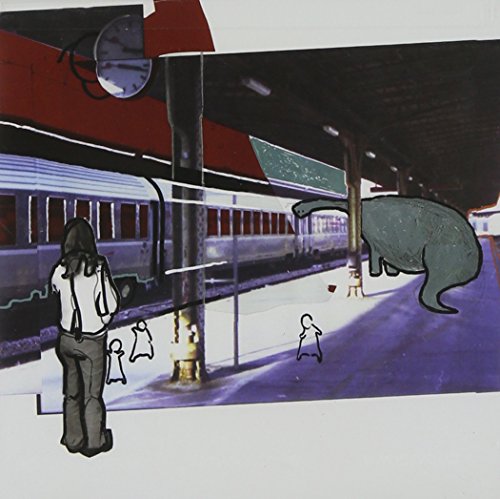 The image depicts a CD cover with a surreal train station scene. For accessibility purposes, a concise alt text could be: "CD cover with a woman and dinosaur at a train station."