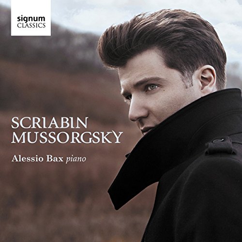Man in a black coat looks over his shoulder, with text "Scriabin Mussorgsky Alessio Bax piano".