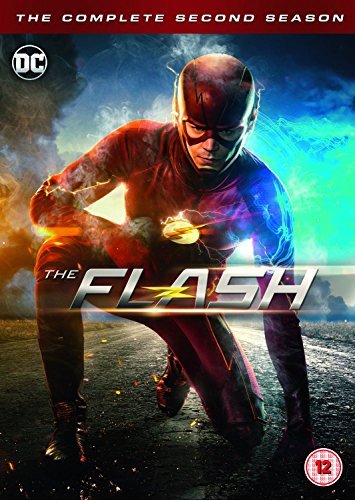 DVD cover featuring The Flash crouching with a red and black costume.
