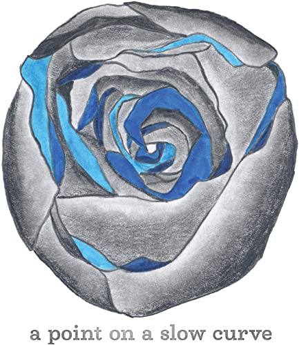 Pencil drawing of a rose with blue highlights and text below.