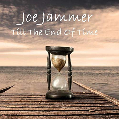 "Album cover with hourglass on a dock, cloudy sky, and 'Joe Jammer' text."