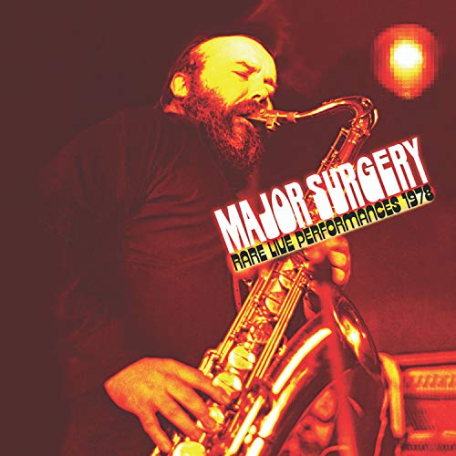 "Album cover with a man playing saxophone, red-tinted, with title 'Major Surgery'."
