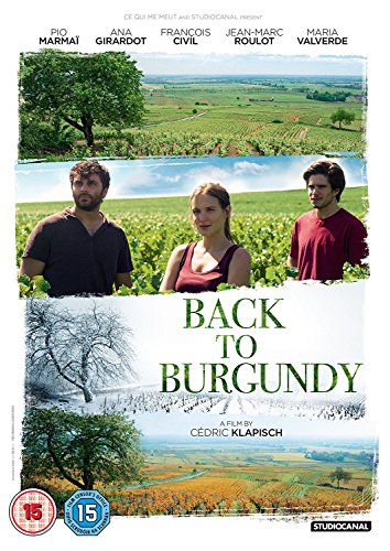 DVD cover for "Back To Burgundy" featuring vineyard landscapes and three people.