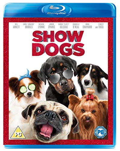 "Blu-ray case with 'Show Dogs' cover featuring five pampered dogs."