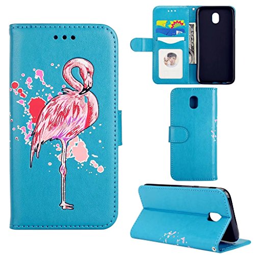 Blue faux-leather wallet phone case featuring a pink flamingo and paint splatter design.