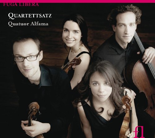 "CD cover featuring a string quartet, four musicians holding instruments, dressed in black."