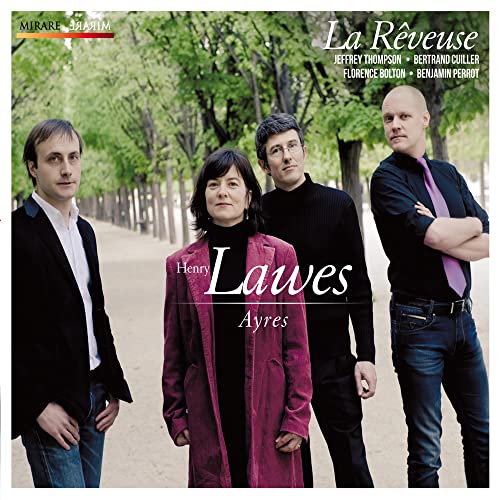 Four musicians stand in a park-like setting for the Henry Lawes Ayres album cover.
