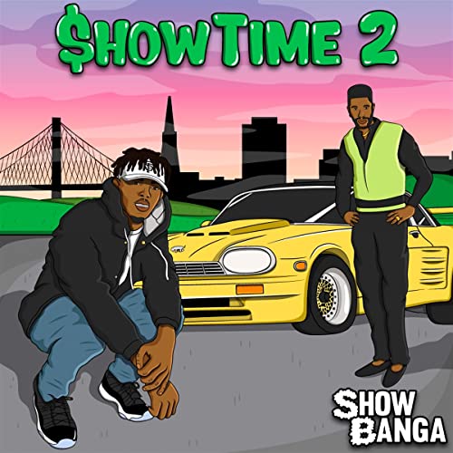 Cartoon album cover with two men, a yellow car, and a city skyline.