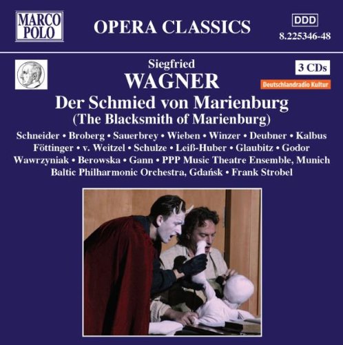 "CD cover with dark blue background, white text, and a scene of two men working."