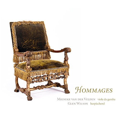 Ornate, antique chair with gold fringe on a white background, titled "Hommages".