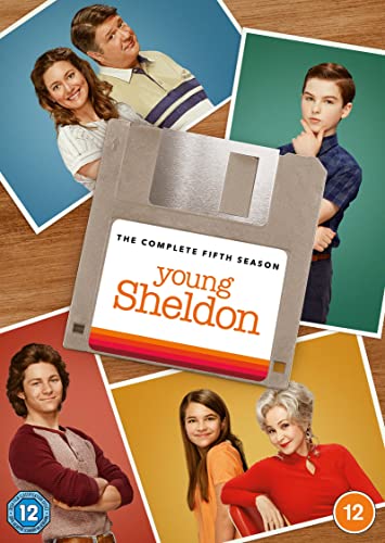 Young Sheldon" Season 5 DVD cover with character portraits and a floppy disk.