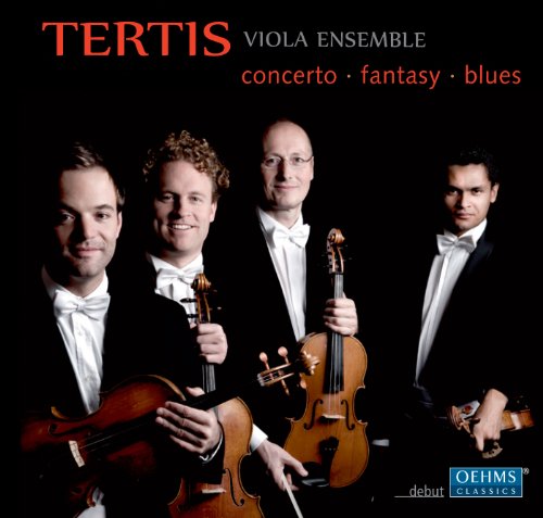 "CD cover featuring four men in tuxedos holding violas against a black background."