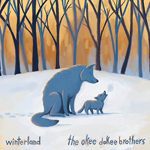 "Album cover art: blue-toned illustration of a wolf and cub in a snowy forest."