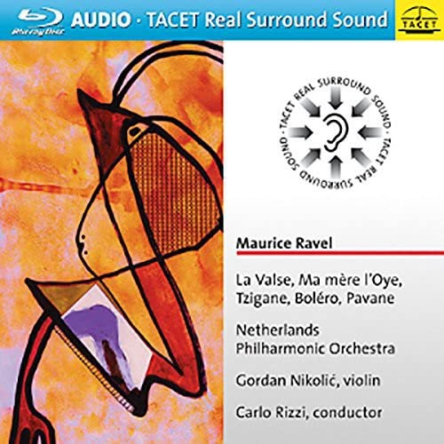 Blu-ray cover for Maurice Ravel classical music, abstract art, orchestra details.